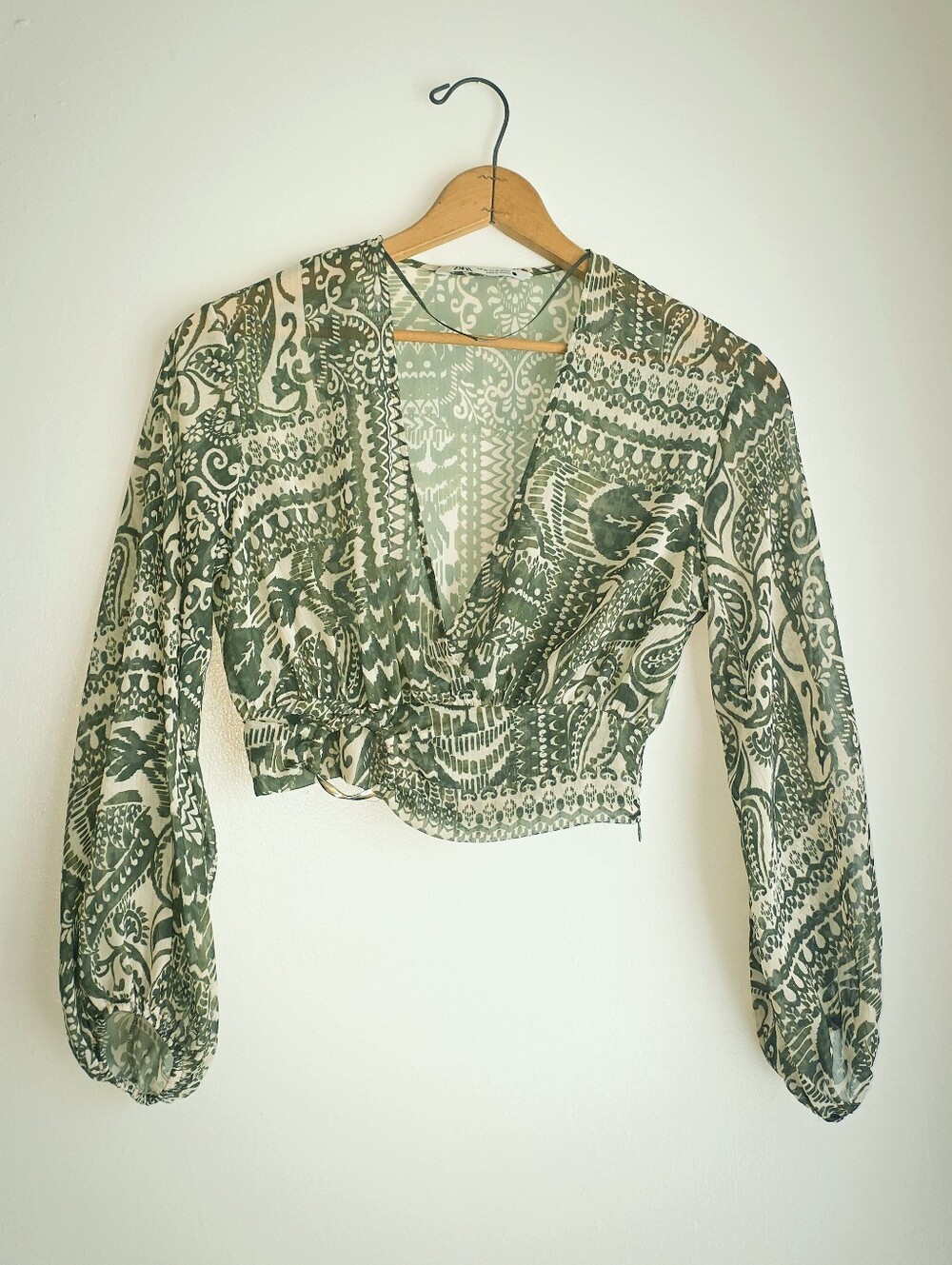 Zara Green Boho Paisley Print Crop Long Sleeve Semi Sheer Ring Detail XS